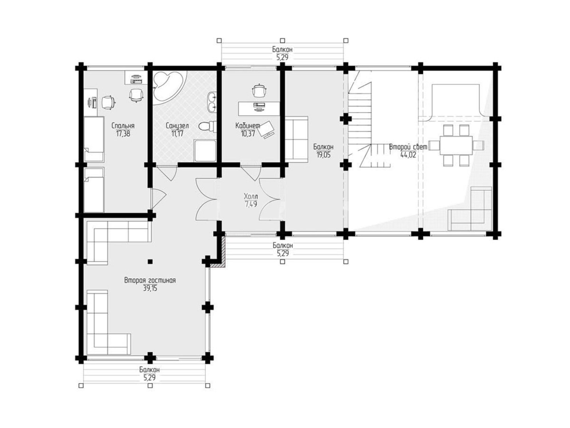 План второго этажа дом из клееного бруса 422 м2 с панарамными окнами